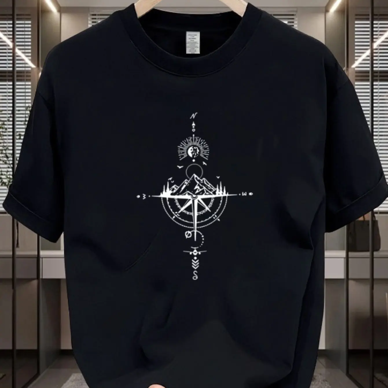 Camiseta Masculina de Verão 100% Algodão Puro, Estilo Casual Solto, Estampa de Mapa com Bússola, Gola Redonda, Manga Curta