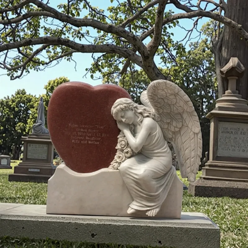 

Customization White Marble Praying Angel Tombstone Cemetery Hand Carved Heart-Shaped Memorial Traditional Design Style