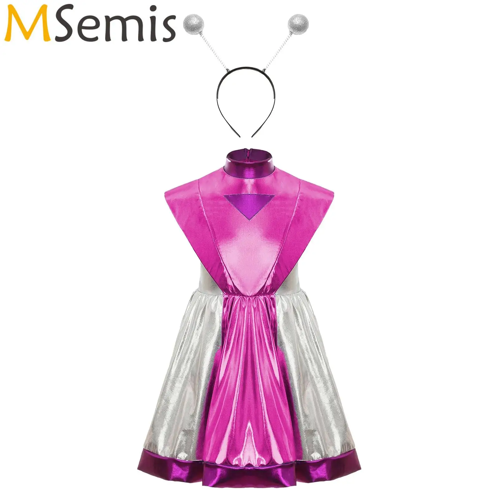 

Girls Alien Outer Space Astronaut Halloween Cosplay Costume Set Shiny Metallic A-line Zipper Dress with Hair Hoop Headband