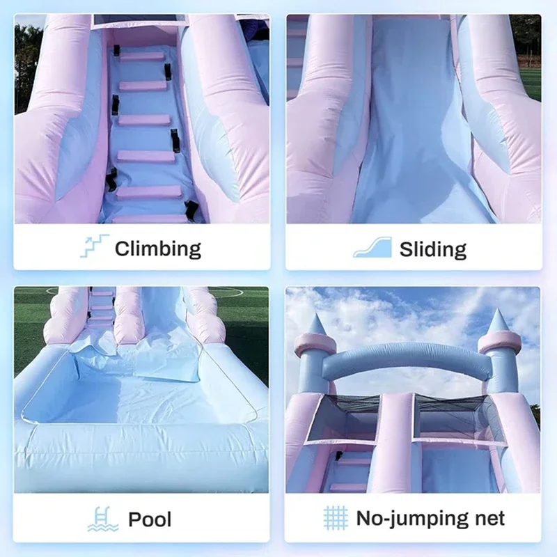 สไลเดอร์น้ําทําให้พองเกรดเชิงพาณิชย์พร้อมปราสาท Bouncy Splash Pool สําหรับผู้ใหญ่และเด็ก รวมถึงเครื่องเป่าลมและจัดส่ง