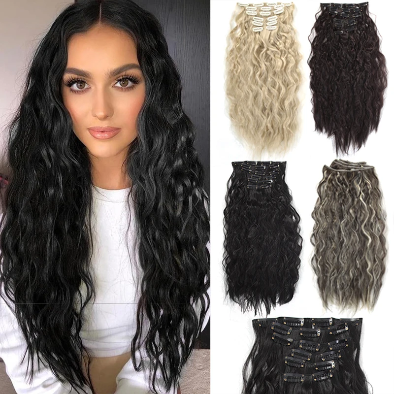 شعر مستعار الذرة بيرم طويل مجعد الشعر التمديد قطع شعر مستعار 16 بطاقة 6 قطع مجموعة الشعر التمديد الذرة بيرم تمديد شعر مستعار قطع شعر مستعار