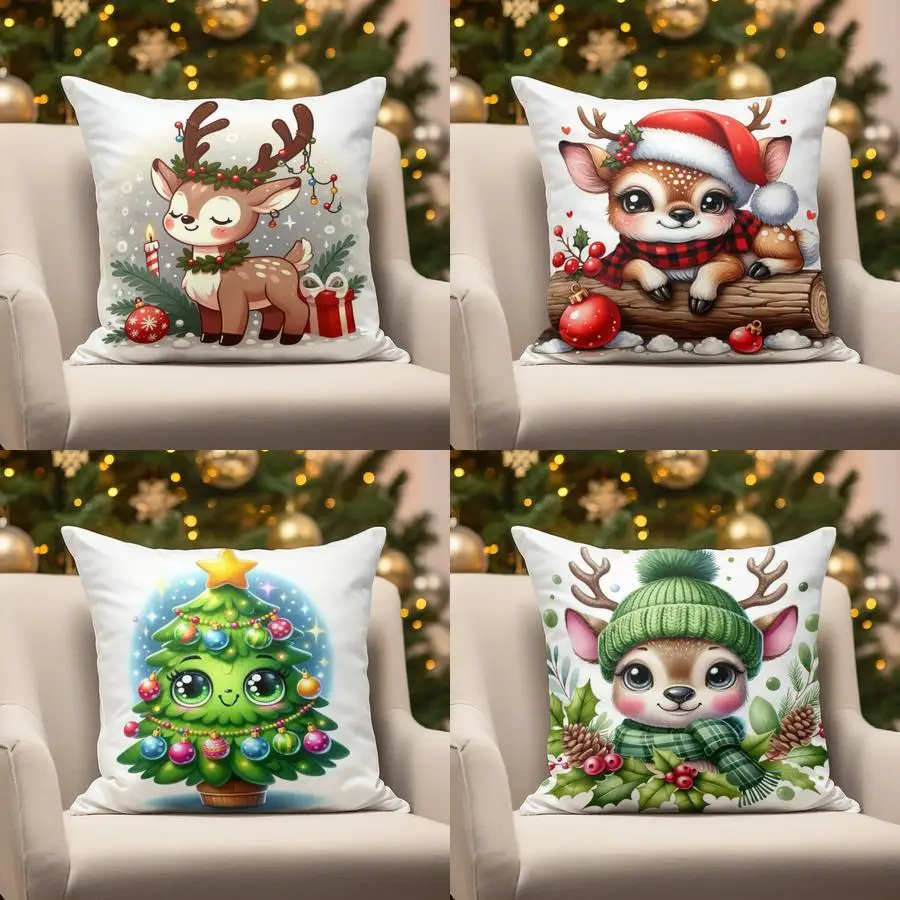 Home Decor Cute Christmas Deer & Tree Pillow Suitable For Sofa Bedroom Car Pillow Cover Cushion Rectangular Back Cushion