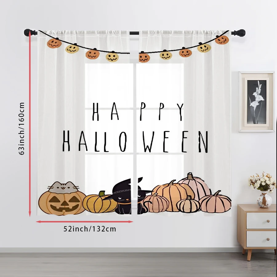 2PCS Digital Print Sheer Curtain, Cute Cat Pumpkin Halloween Garland String Window Drapes for Living Room Bedroom Home Decor - view 5