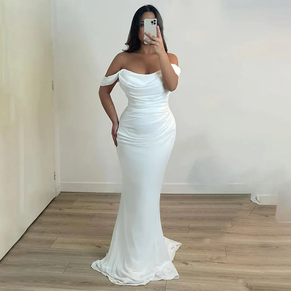 

High Quality Customized Strapless Off Shoulder Floor Length White Pleat Elegant Dress Women for Wedding Party Evening Dresses