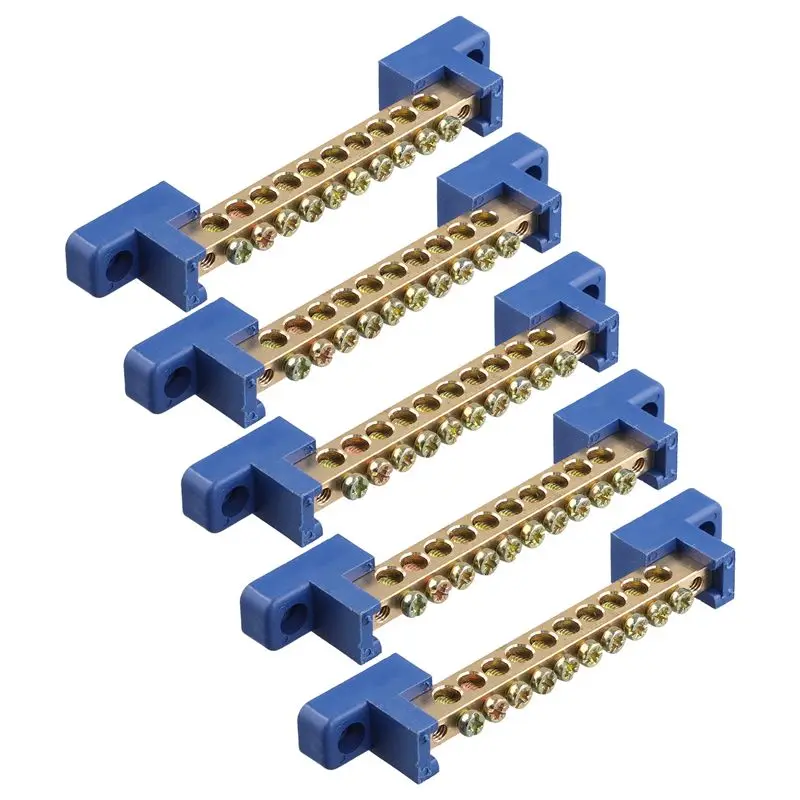 AT63-Terminal Block Blue Terminal Bus Bar 10 Positions Screw Brass Terminal Grounding Strip Bus Bar Block Pack Of 5