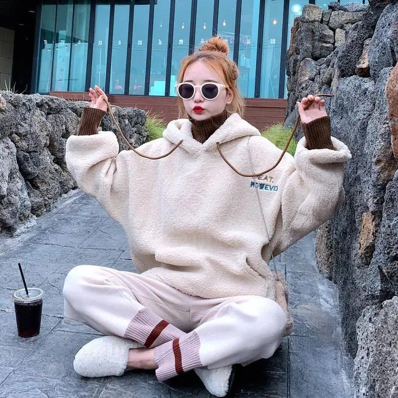 Imitation Lamb Wool Suit Women\'s Autumn and Winter Korean Version Loose Fake Two-piece Top Woolen Pants Two-piece Set Trendy