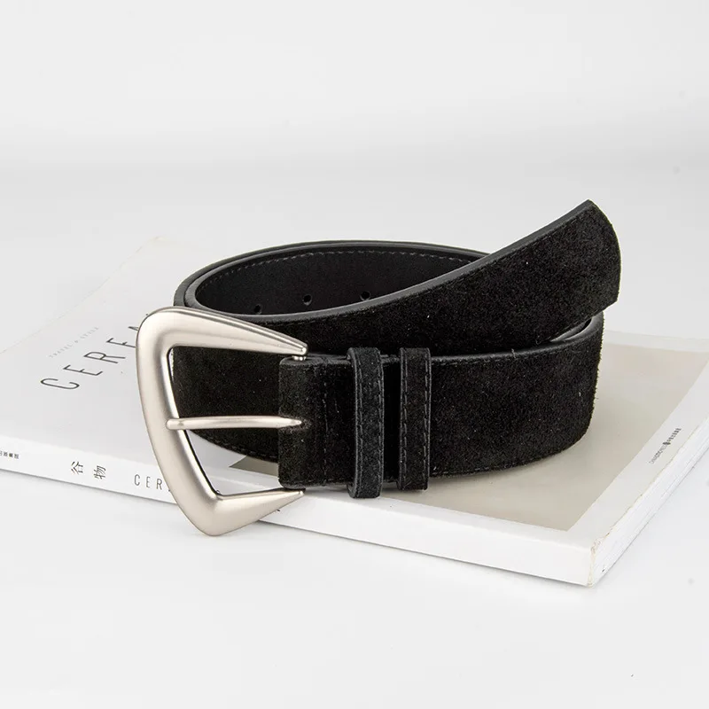 Women's Irregular Silver Needle Buckle Retro Cowhide Suede Wide Belts Female Fashion Jeans Genuine Leather Personalized Belt