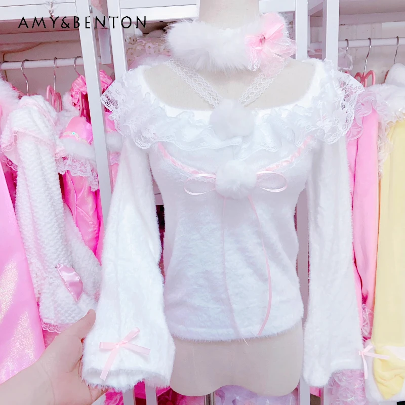 

French White Sweet Lace Splicing Fluffy Versatile Women's Bottoming Shirt 2025 Autumn Winter New Design Cute Warm T-Shirt Ladies