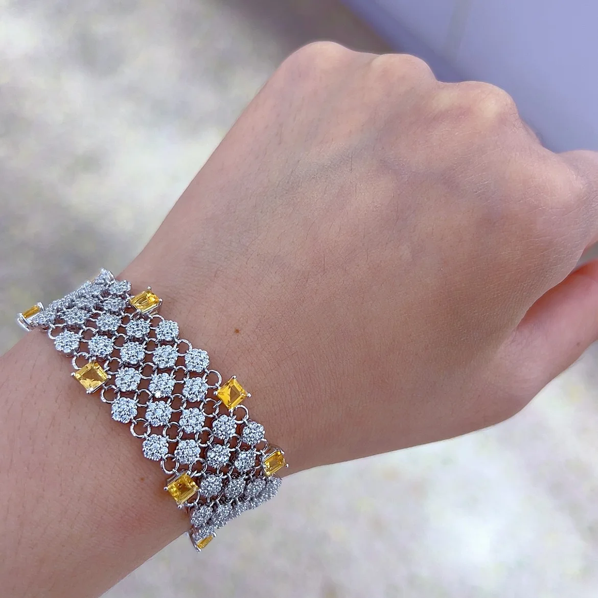 

Citrine Bracelet 4x4mm Multi-Layer, S925 Silver White Gold Plated Stackable Jewelry