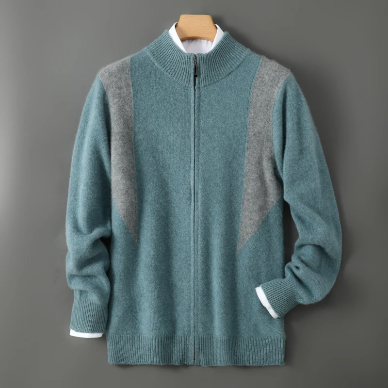 Thickened 100% pure cashmere cardigan men's color matching half-height zipper coat autumn and winter loose cashmere sweater