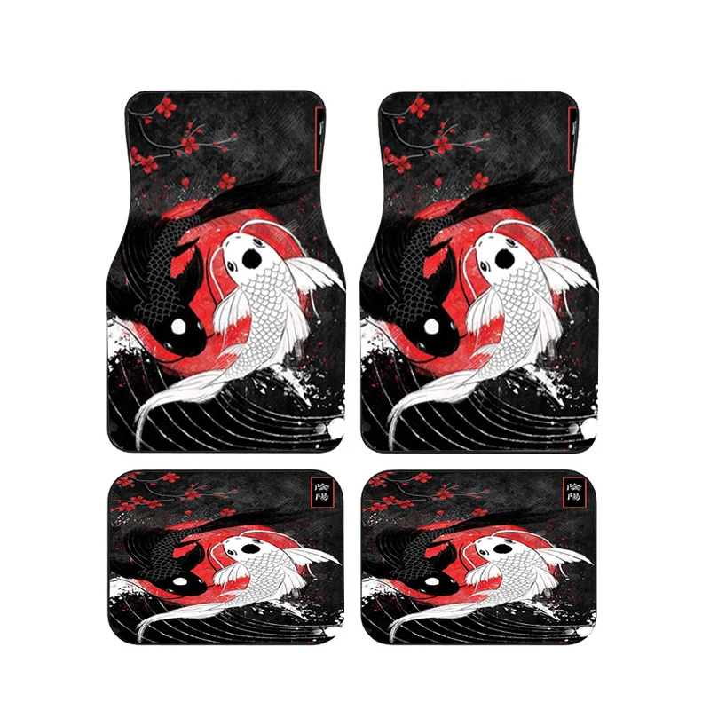 

Universal Car Floor Mats Set of 4 Yin Yang Koi Fish Red Black White Pattern Waterproof Non-Slip Auto Carpet for All Vehicles