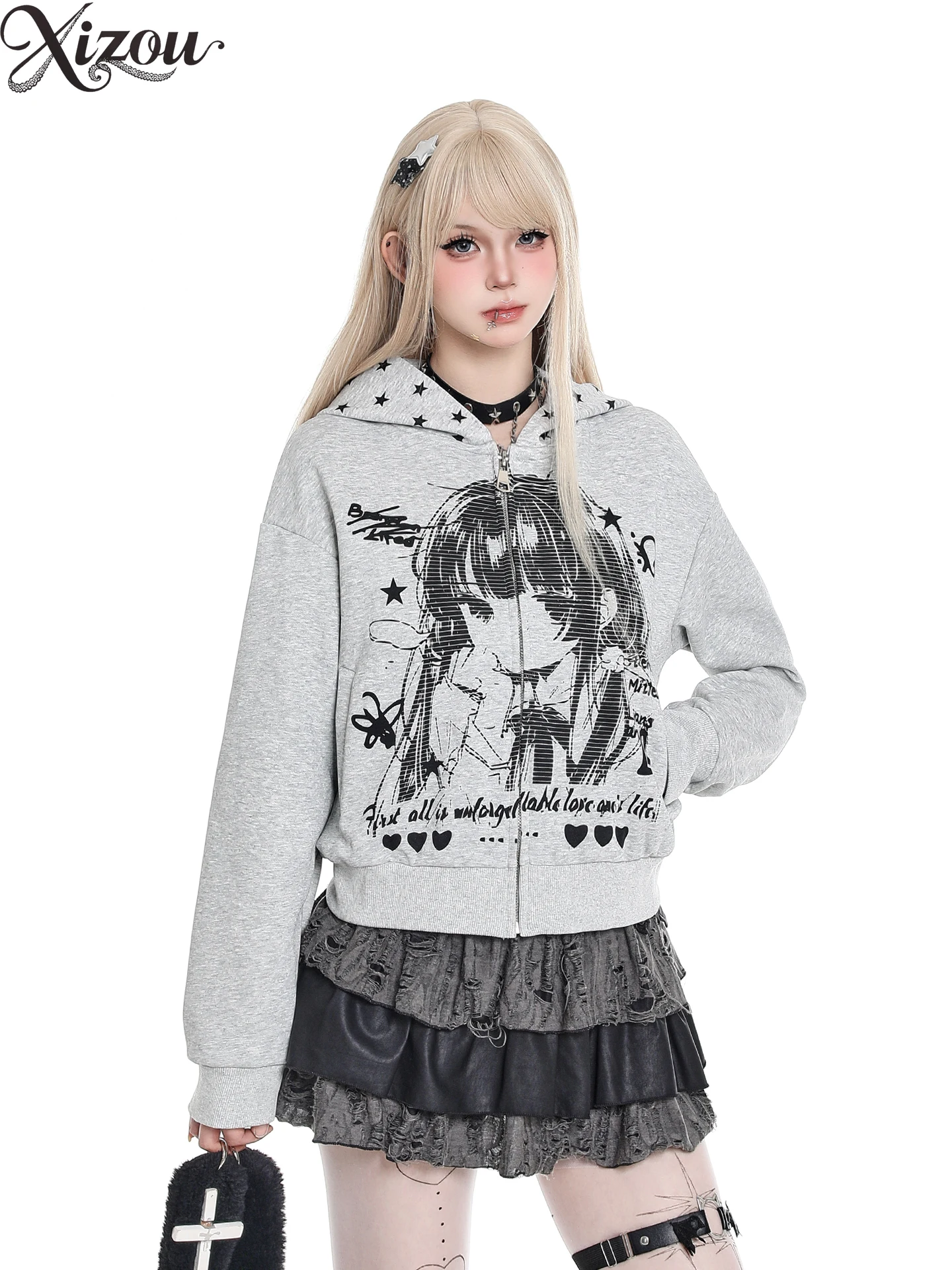 

Свободные куртки Harajuku в американском стиле ретро, кружевной кардиган с капюшоном для девочек, куртка для женщин, осенний дизайн, женские повседневные пальто