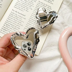INS Korea Silver Heart Grip Tok Mirror Luxurious Finger Ring Holder Mobile Stand Cellphone Support Smart phone Accessories