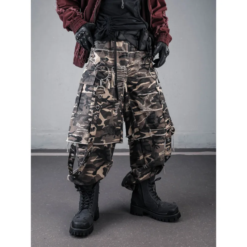 HKSH Unique American Heavy Safari Style Ribbons Metal Rings Faux Two-Piece Ripped Wide-Leg Streetwear Dance Cargo Pants HK26987 view 3