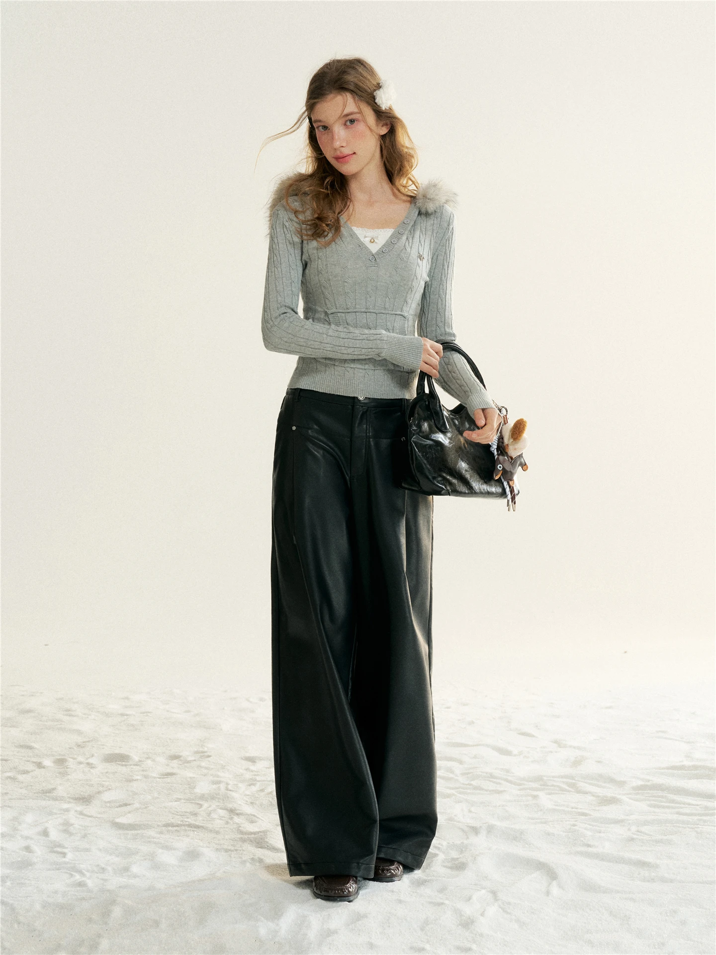 

High Waist Straight Leg Bla Leather Pants Women's Loose Fit Casual Trousers 6DEWS Winter Season Deconstructed 3D Split