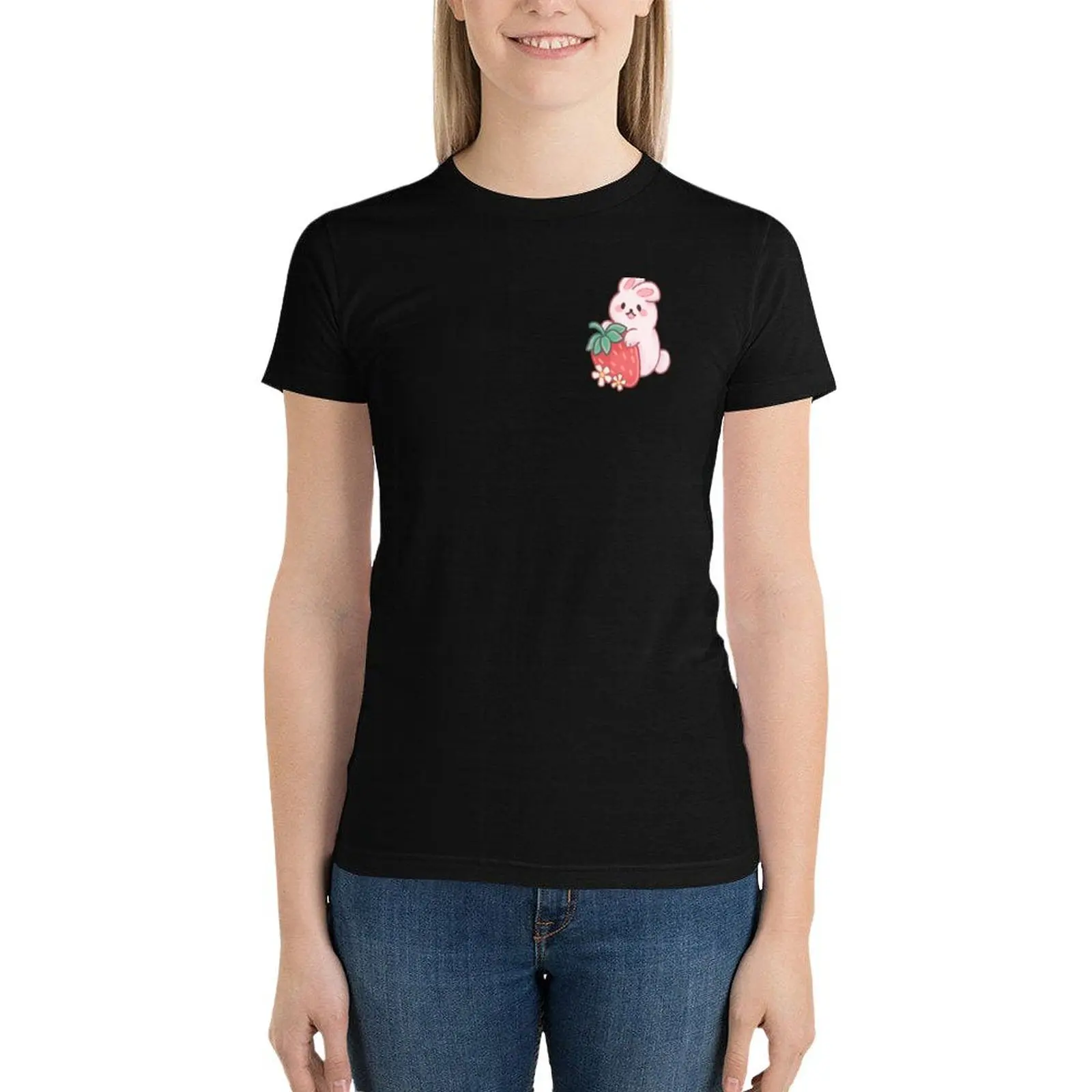 Camiseta gráfica feminina Strawberry Bunny, camisetas femininas, roupas hippie