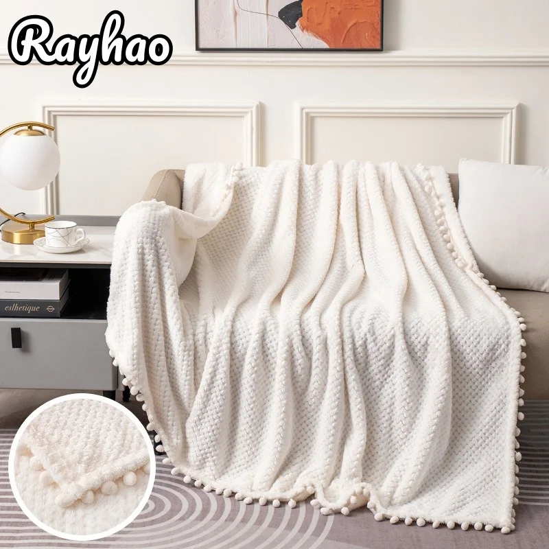 

Deluxe Vintage Single Double Blanket Soft Plush Imitation Wool Sofa Cover Velvet Knit Fabric Throw Blanket with Plush Ball Edges