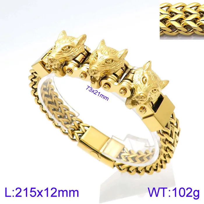 Heavyweight 102g Stainless Steel Solid Franco Chain Biker Wolf Head Bracelet For Mens Gothic Punk  12mm x 8.5inches (Large)