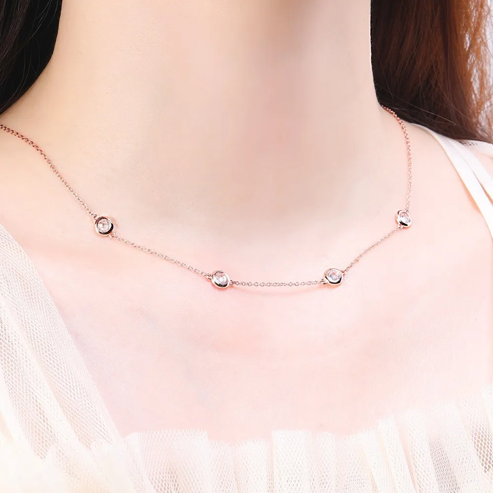 

New Trendy Fashion Necklace Round Brilliant Cut Cubic Zircon Stone Link Chain Pure 925 Silver 18K Gold Plated Necklace