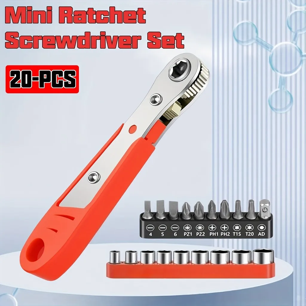 

20Pc Heavy-Duty Mini Ratchet Screwdriver Set - 36-Teeth, Right Angle/Phillips/Hex, Compact Case