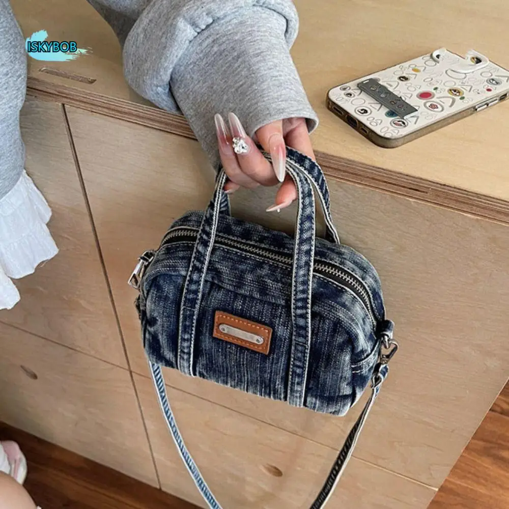 

Simple Y2K Denim Canvas Bag Large Capacity Shopping Bag Vintage Handbag Street Style Solid Color Solid Crossbody Bag Boy