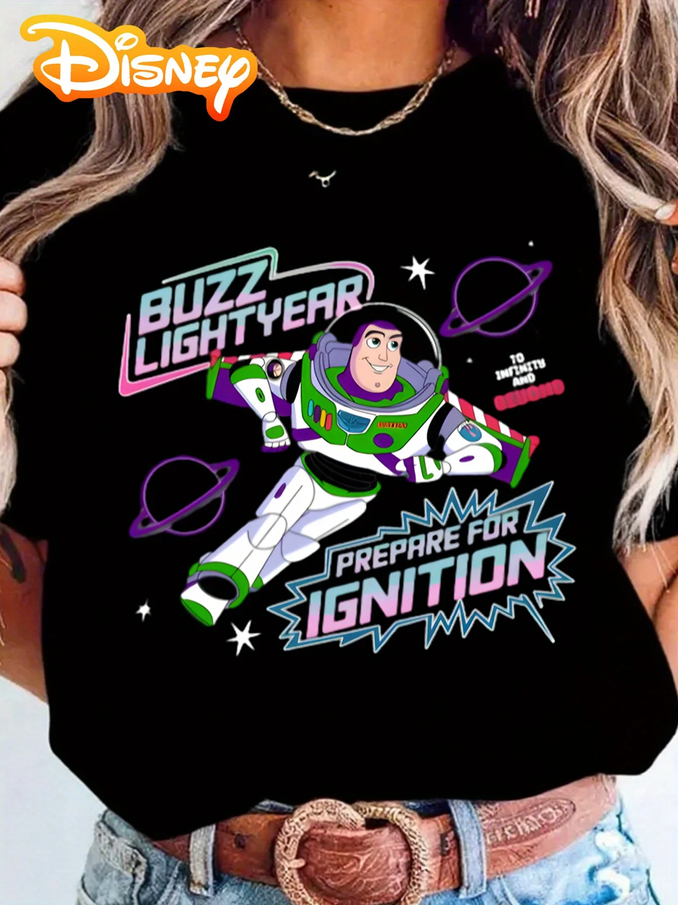 

Disney Buzz Lightyear Space Adventure Women's T-shirt - Fun Fairy Tale Illustration Design, Loose Fit, Casual Wear