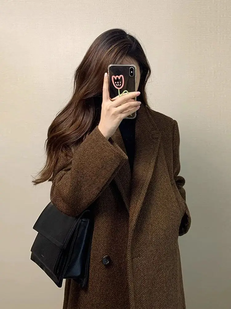 Women Herringbone Woolen Coat Big Lapel Tweed Overcoat Loose Fit Vintage Autumn Winter Outerwear