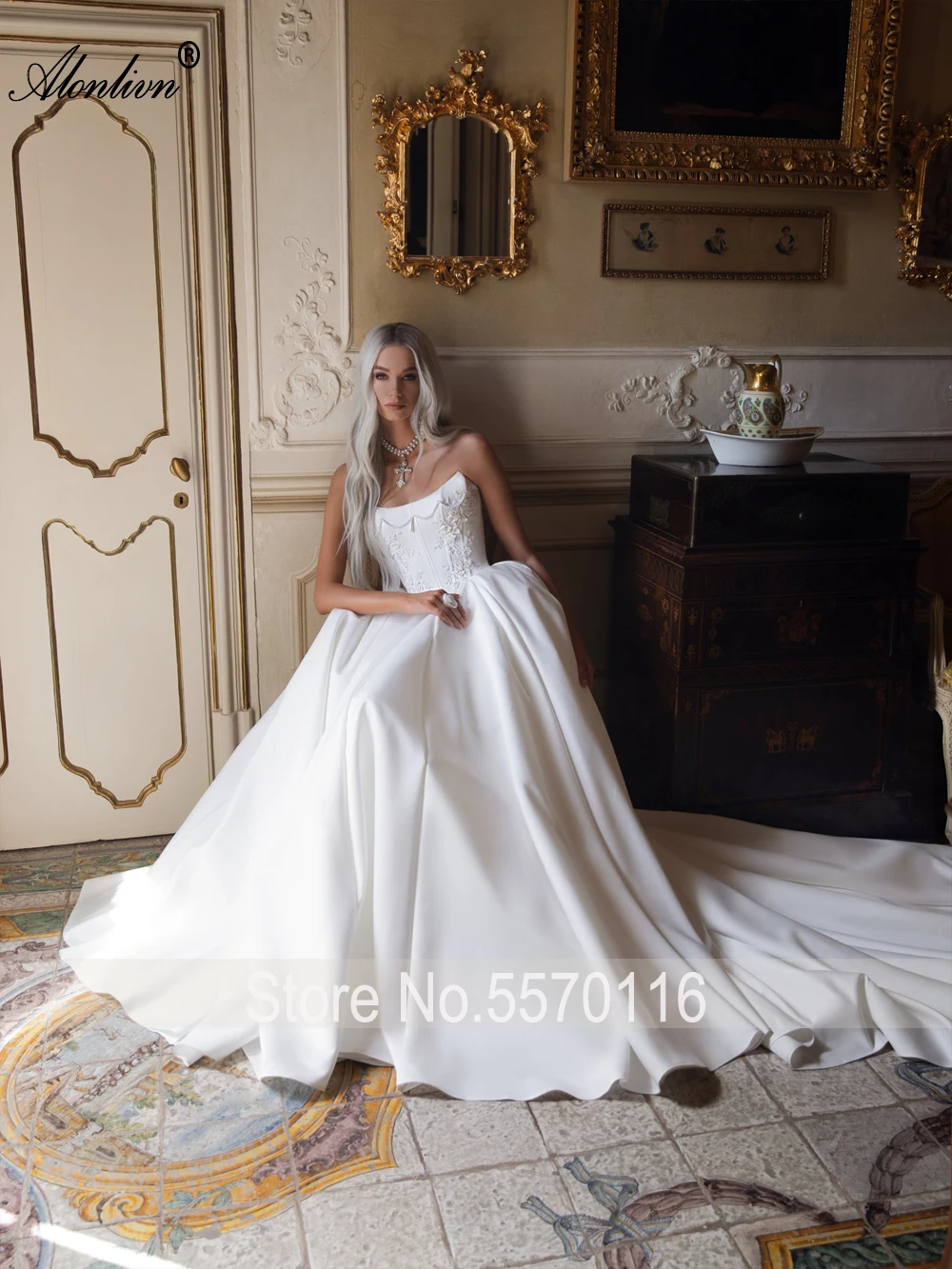 Alonlivn, vestidos de novia de corte en A con perlas y cuentas hechos a medida, vestidos de novia con apliques de cuello barco y hombros descubiertos