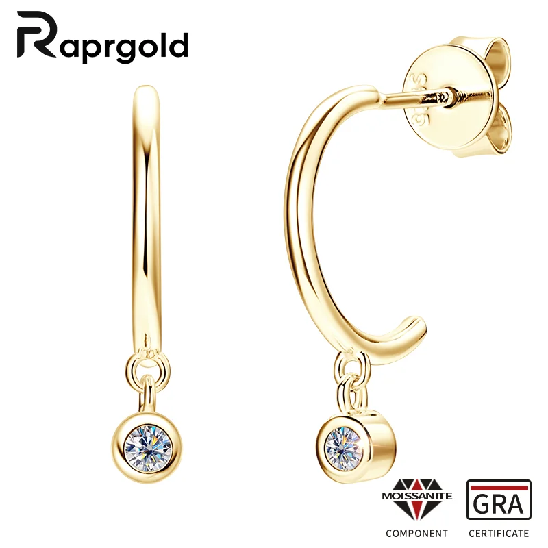 RAPRGOLD GRA Certified Moissanite C-shaped Stud Earrings for Women Real 925 Sterling Silver Earring Fine Jewelry Gift Pendientes