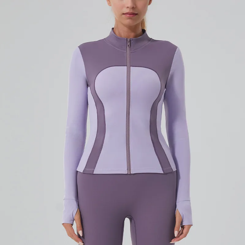 سترة رياضية لليوجا للتخسيس للسيدات - ملابس للتمرين بياقة واقفة وأكمام طويلة وسحاب، قماش قابل للتمدد #1