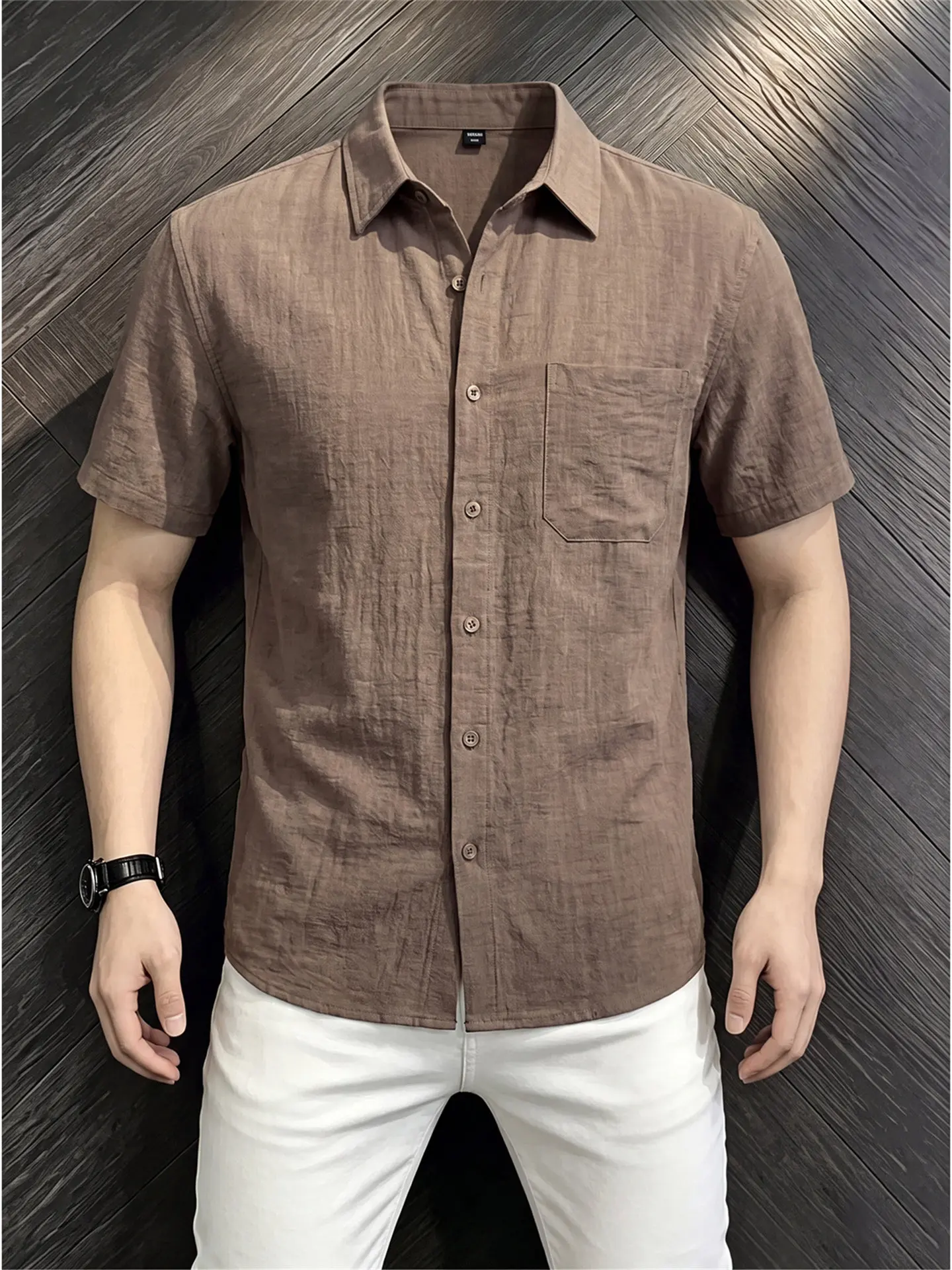 Lightweight Linen Short Sleeve Shirt Men's Summer Casual Loose Fit Breathable Drapey Style Brown Coffee Color Lazy Style Shirt