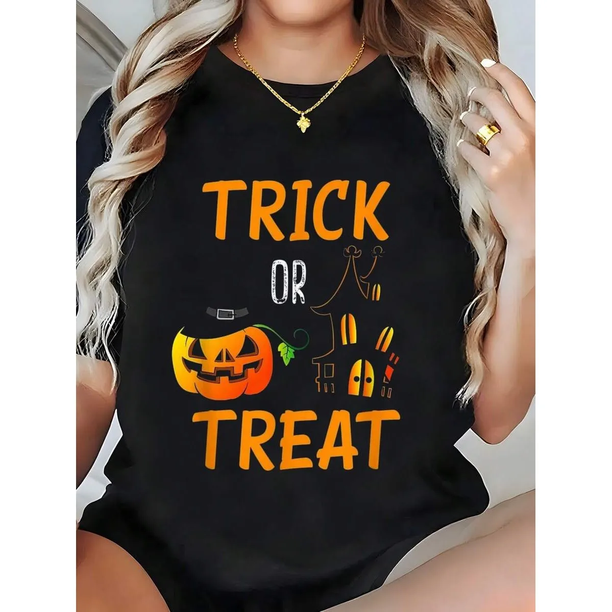 Trick Or Treat Halloween-Shirt Summer Tops. Short Sleeve Round Neck Casual Top Summer Spring