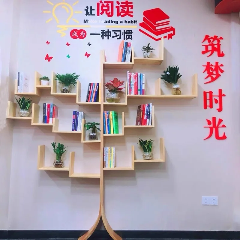 Wine Rack Creative Tree Bookshelf Solid Wood Full Wall Bookcase Storage Rack Simple Kindergarten Picture Book Rack School Shelf