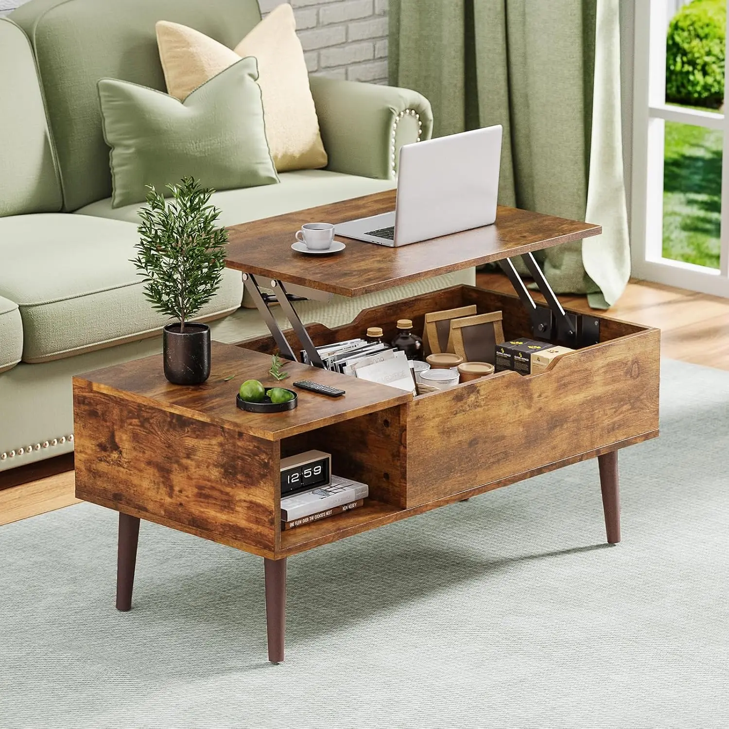 Table Basse Moderne en Bois avec Étagère de Rangement et Compartiment Caché, Meuble Marron Rouillé pour Salon et Bureau