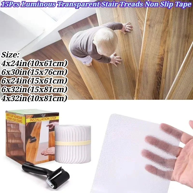 PEVA Stair Treads Non‑Slip Tape Anti‑Slip Sticker Glow in Dark Safety Step Grips for Indoor Wooden Stairs for Kids Elderly Pets