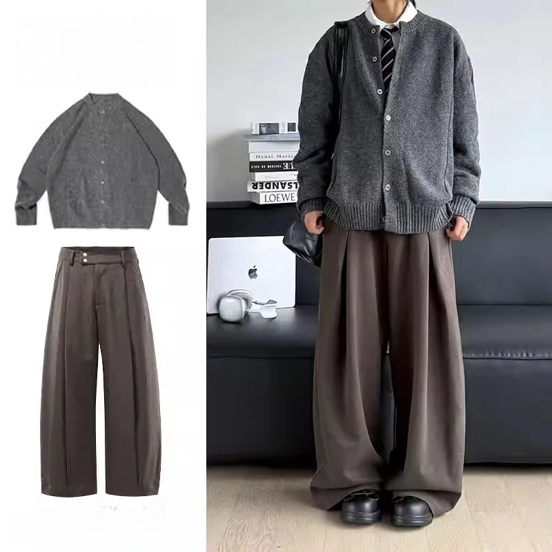 

Мужской вязаный кардиган-свитер с круглым вырезом, теплый, цельный, осенне-зимний, в японском стиле, однотонный, повседневный, модный комплект