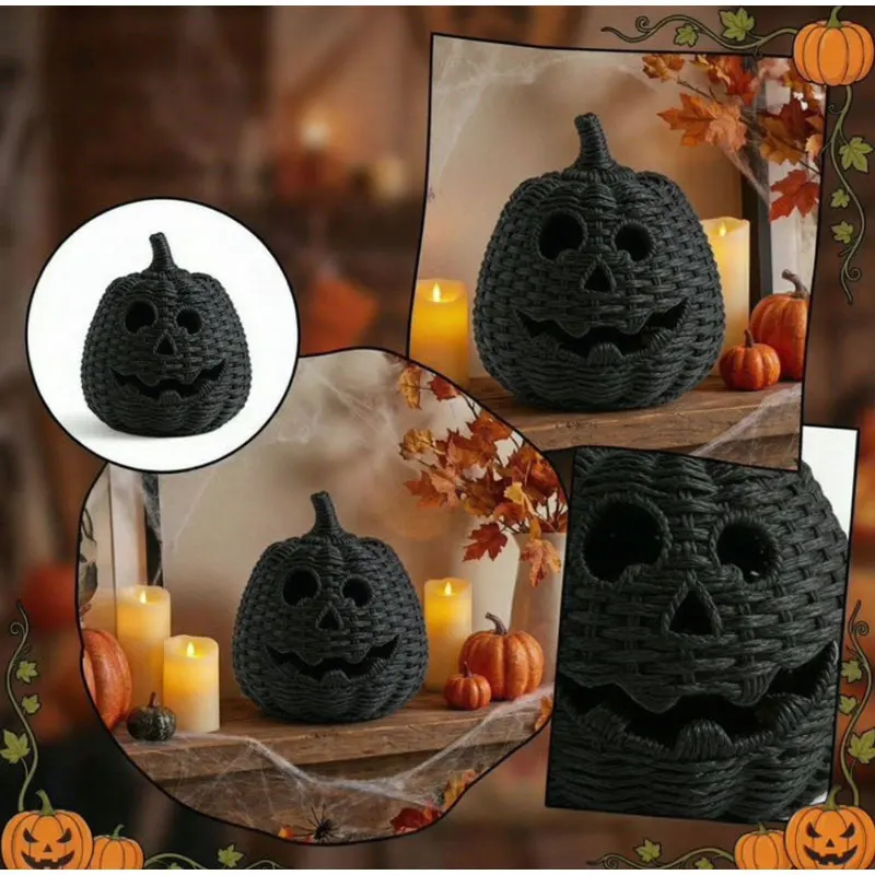 Versatile Entryway Ornament Faux Rattan Halloween Pumpkin Figurine with Witch Hat Black Resin Pumpkin Statue Rustic for Home
