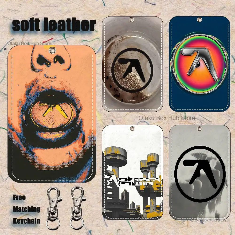 Punk Aphex Twin Logo Pattern 1Pc PU Leather Card Holder Keychain Key Ring Door Lock Access Tags ID Card Case Keychain Card