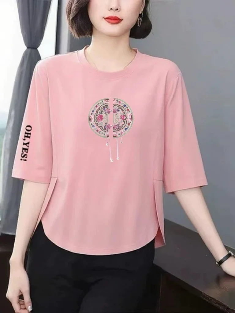 

Loose Fit Printed T-Shirt Women's 3/4 Sleeve Cover Belly Versatile Slimming Middle-Aged Top Breathable Polyester Fiber