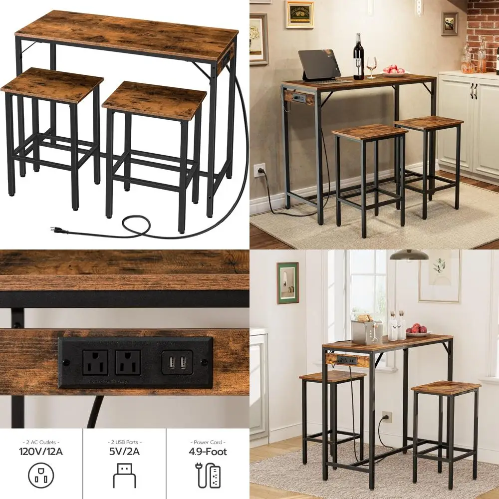 طقم طاولة وكراسي بار من HOOBRO، طقم طاولة طعام 39.4 مع مخرج طاقة، طقم طاولة حانة مكون من 3 قطع، طاولة ارتفاع بار المطبخ مع S #1