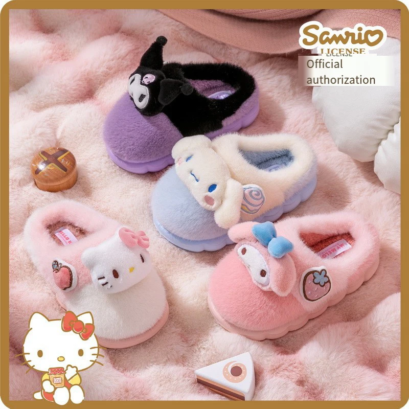 Kuromi Sanrios Child Cotton Slippers Cute Hello Kittys Cartoon Anime Figure Kawaii Autumn Winter Parent-Child Slippers Girl