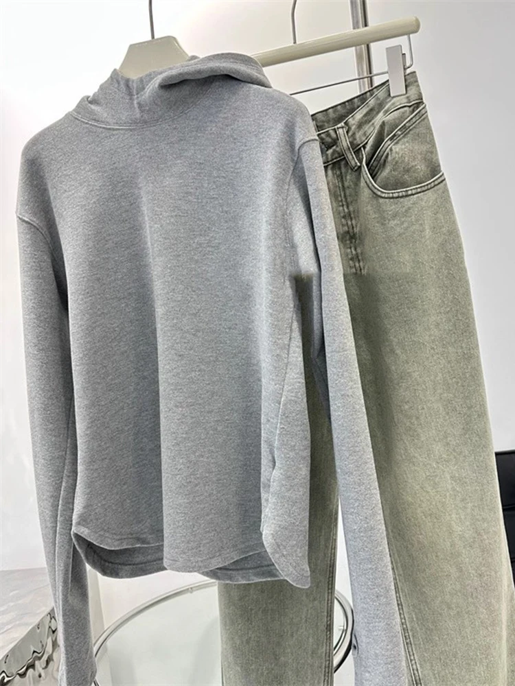 ผู้หญิงกํามะหยี่เยอรมันHooded Sweatshirtสีเทาสองด้านคอยาวแขนยาวฤดูใบไม้ร่วงฤดูหนาวสบายๆStreetwear Top