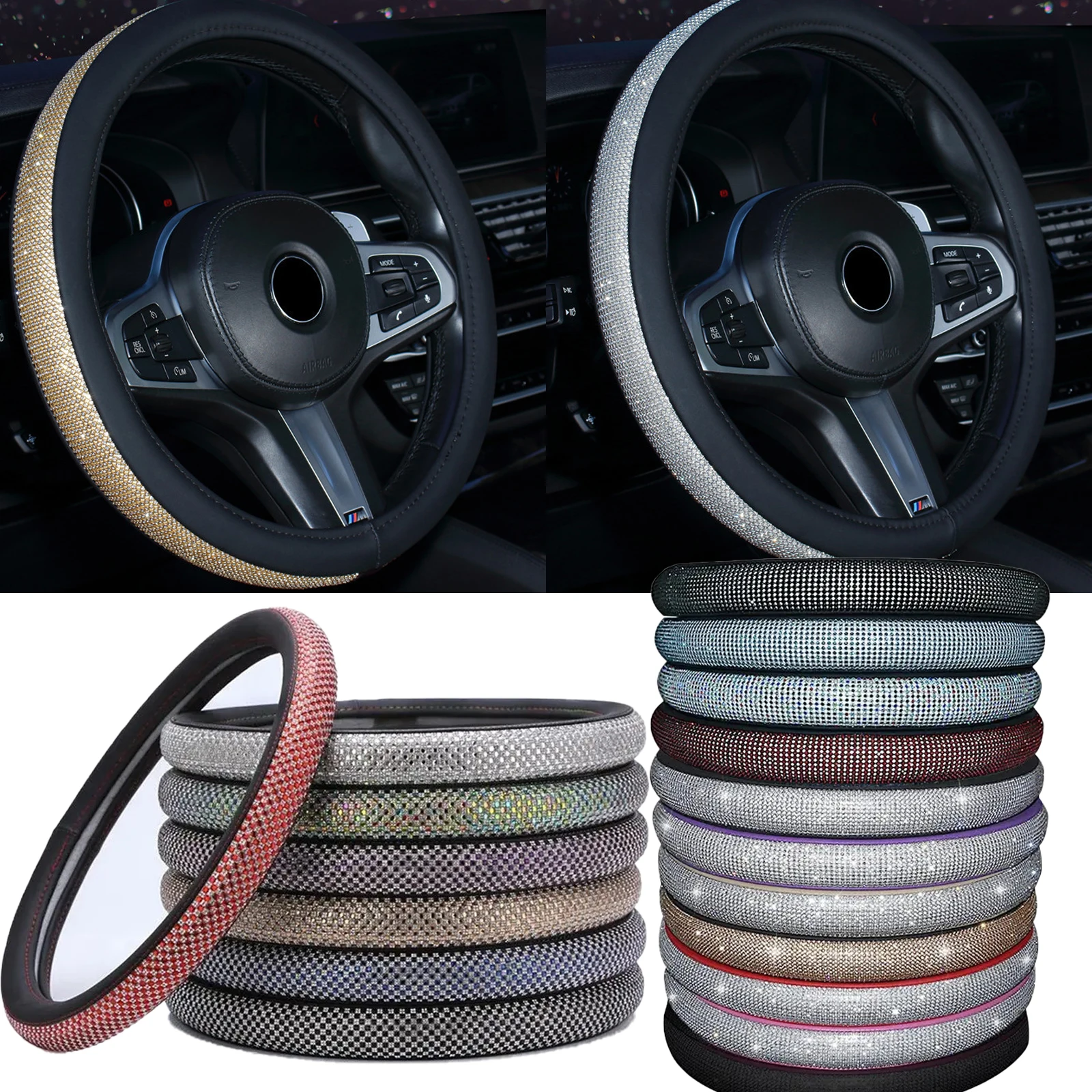 Rhinestone Car Leather Steering Wheel Covers Steering Wheel Crystal Cover Auto Car Interior Accessories For Women Girls