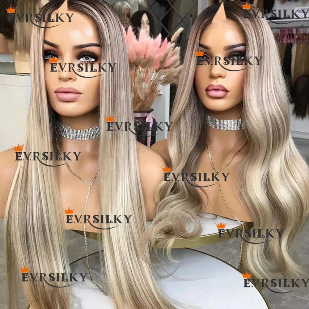 

v part Platinum Lace Front wig Human hair upart Grey Gold Black Gradient 100% Human Hair wig Wavy Peruvian hair