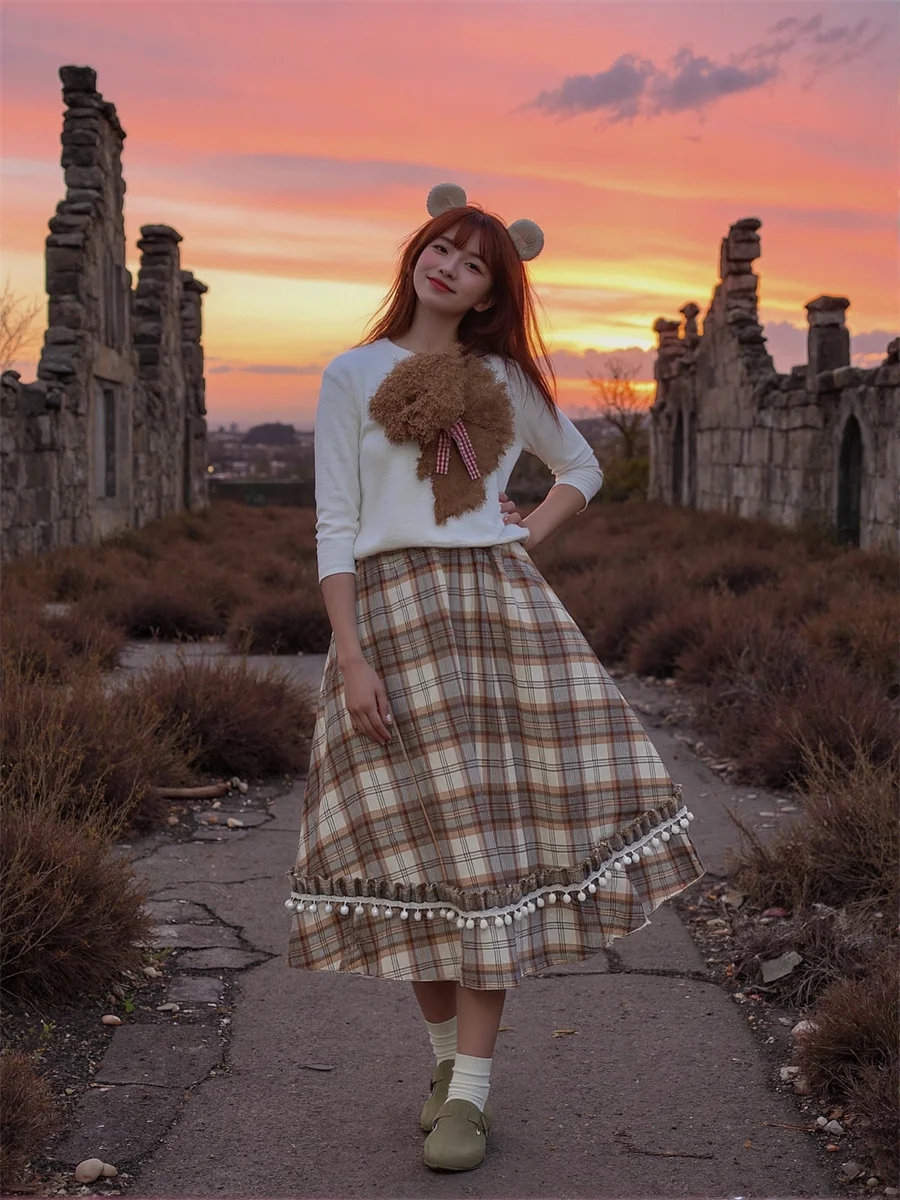 チェック柄ミディスカート レディース コットン 流れるようなパッチワーク エレガント シック フリル カジュアル シンプル ハイウエスト 快適 アップリケ