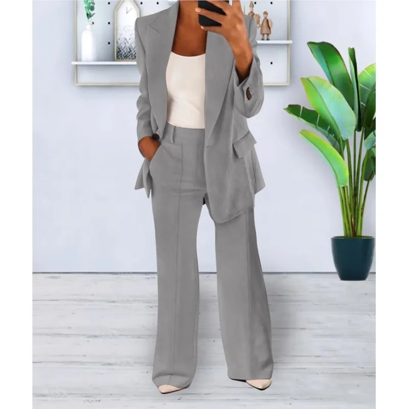 Women 2 Pieces Sets Casual Long Sleeve Blazer+Pant Lapel Slim-fit Solid Color Cardigan Style Suit Jacket Woman