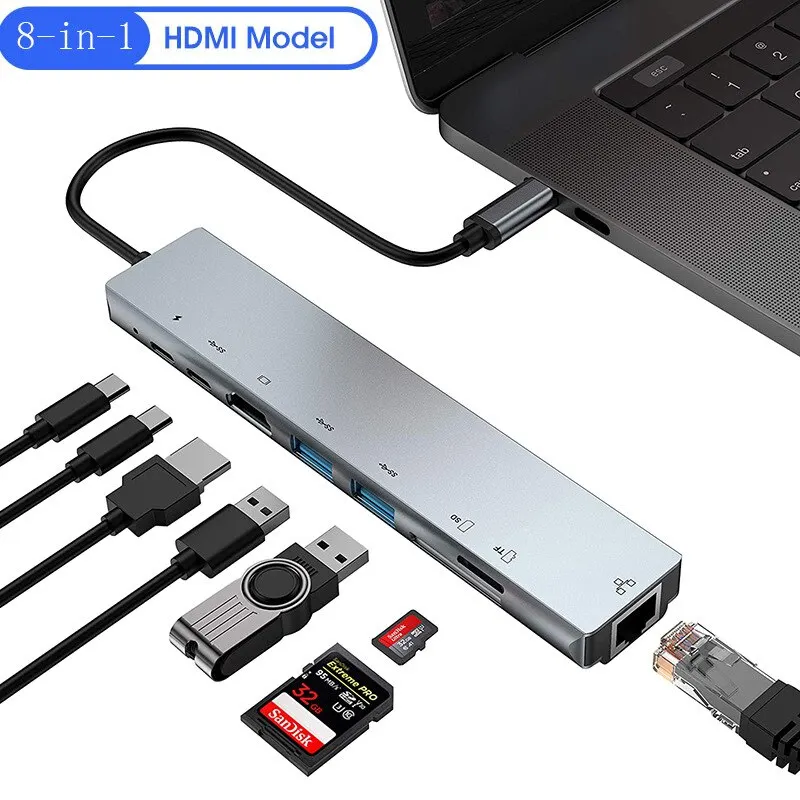 8in1 usb cハブタイプcスプリッター4kサンダーボルト3ドッキングステーションラップトップアダプターmacbook air m1 ipad pro rj45 hdmiコンピューター用