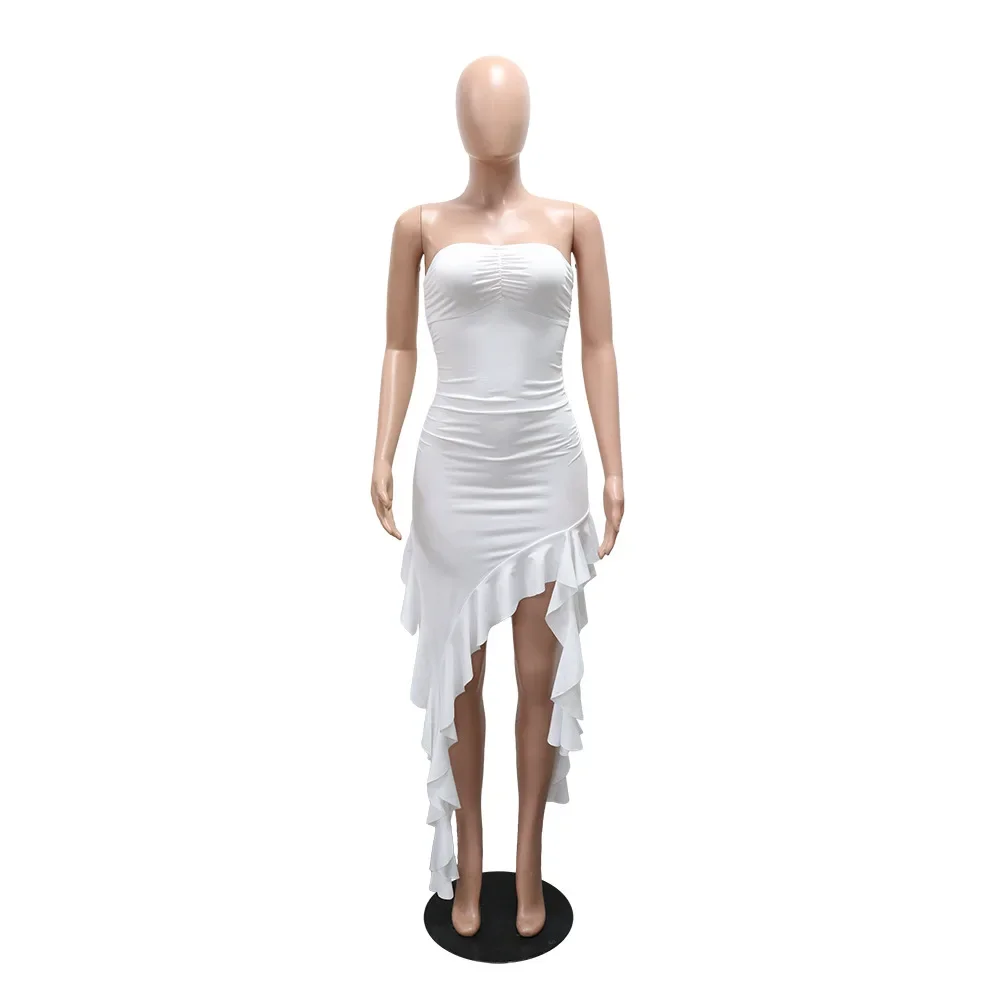Sexy Strapless Off Shoulder Midi Dress Women Ruffles Split Beach Dress 2025 Summer Slim Fit Party Female Vestido