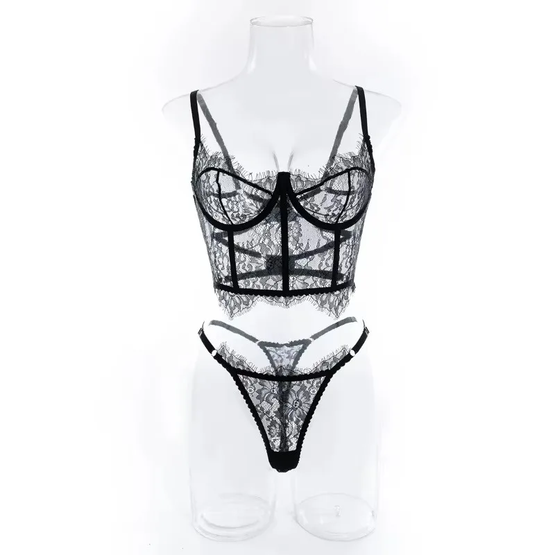 Bustier Floral Lace Sexy Lingerie Set Bra Brief Sets Women Underwear Transparent Unlined Hollow Eyelash Lace Sex Suit