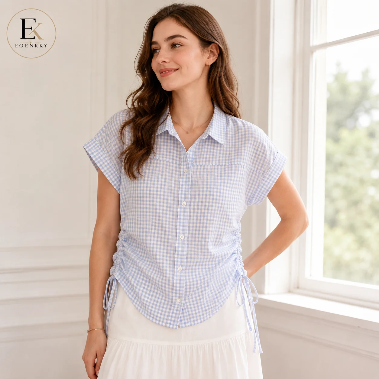 EOENKKY Women Plaid Gingham Shirt Summer Short Sleeve Button Down Blouse Side Drawstring Ruched Waist Polo Collar Casual Top S-X